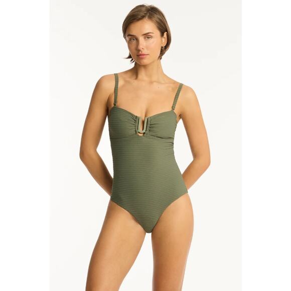 SEA LEVEL SWIM Spinnaker U Bar Bandeau One Piece Swimsuit Size 6 Khaki Green NWT - Picture 2 of 12
